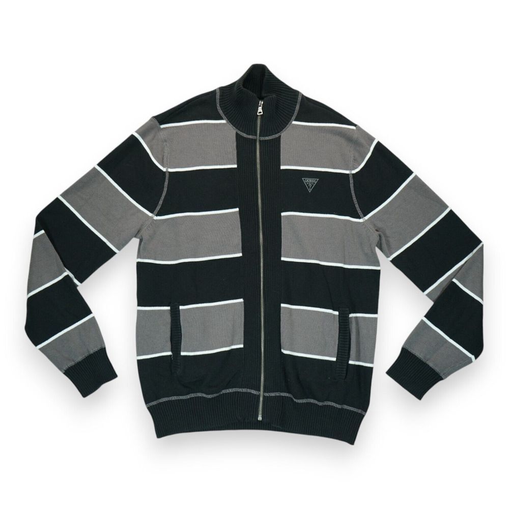 GUESS Men's Sweater Mock Neck Full Zip Striped Pattern Large Black & Gray EUC‎